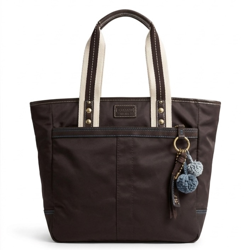 Coach Black and Cream Tote Bag with Pom Trim